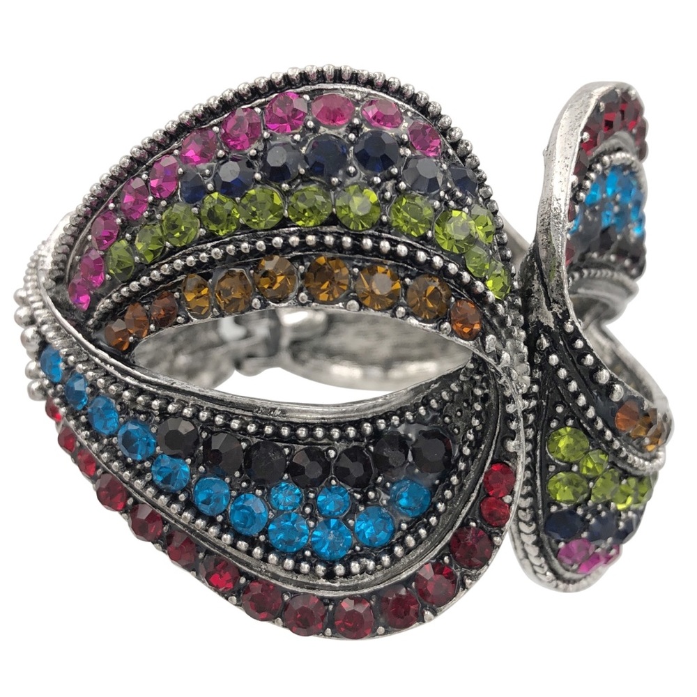 Multicolor Rhinestone Silver Chunky Statement Large Hinged Bangle Bracelet